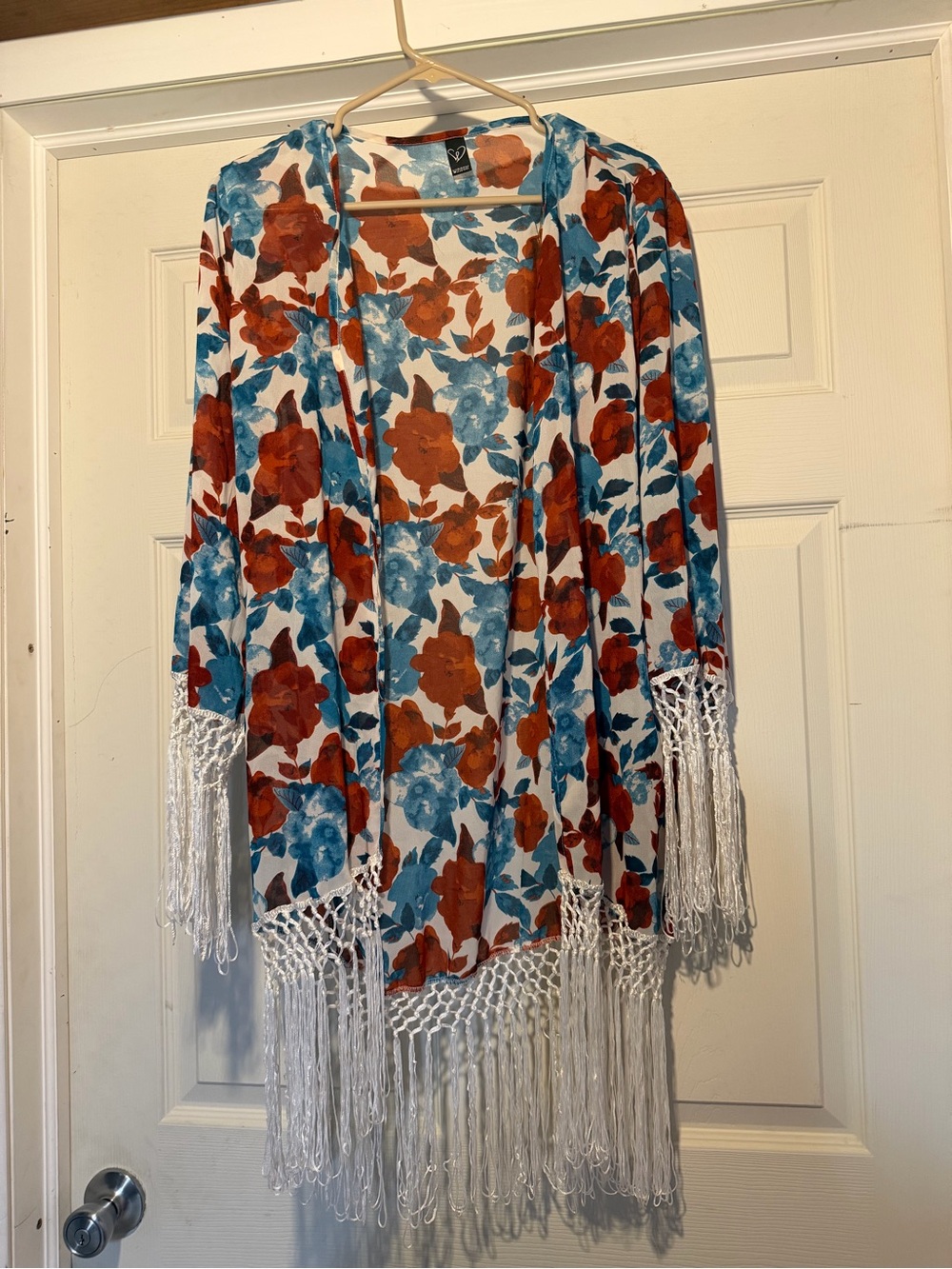 Windsor White Open-Front Floral Fringe Cardigan with Blue & Rust Flowers